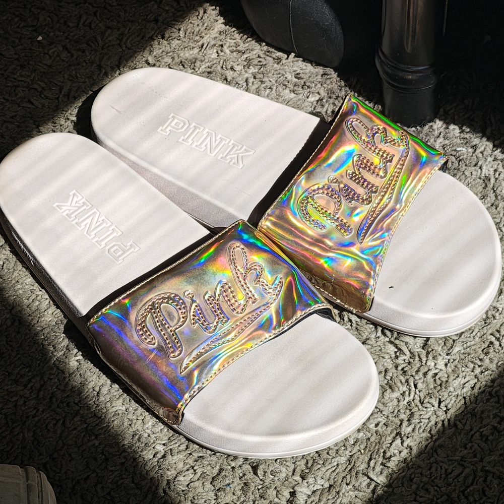Woman's PINK Single Strap Pink Slides  Iridescent Pink Holographic Slide Sandals